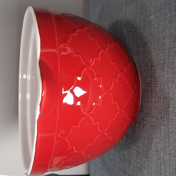 Handled Batter Mixing Bowl Pottery Baking Red Embossed Pattern Bake Baker - Picture 4 of 5